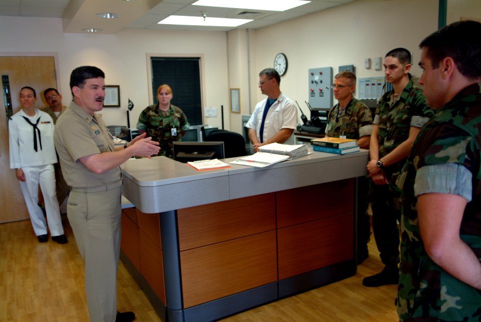 US Navy 050310-N-0962S-030 Master Chief Petty Officer of the Navy (MCPON) Terry Scott speaks to a group of Hospital Corpsmen manning the emergency room at U.S. Naval Hospital Guantanamo Bay, Cuba