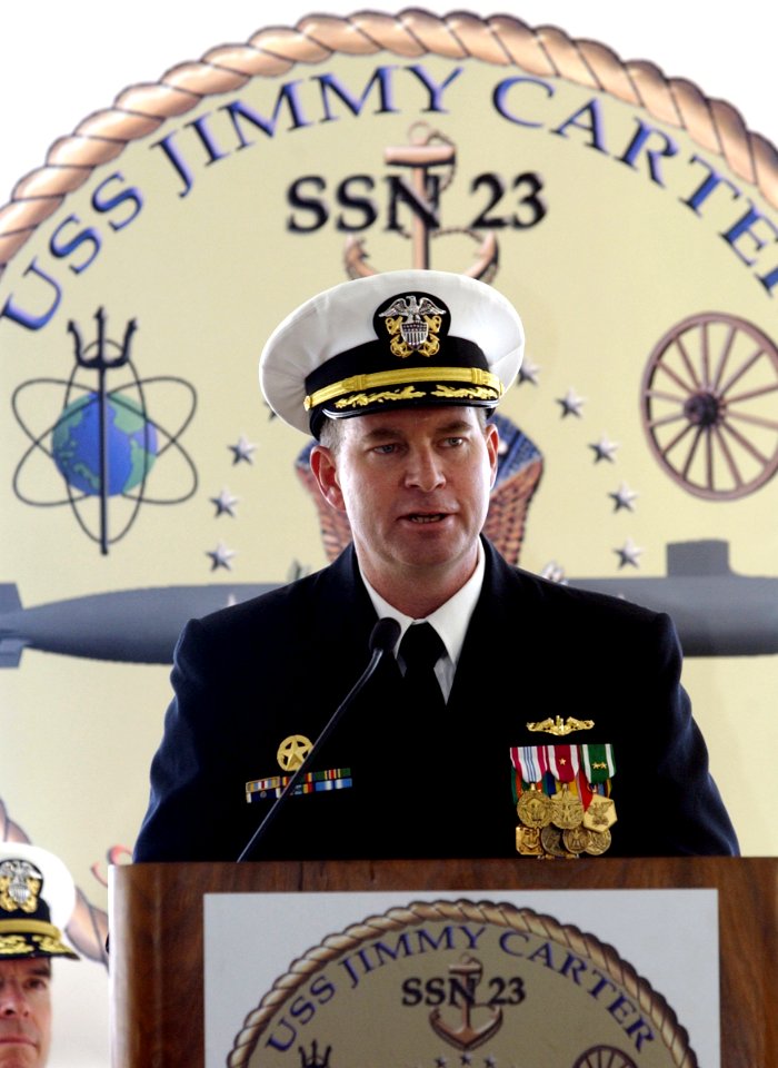 US Navy 050219-N-7441H-014 Commanding Officer of the nuclear-powered attack submarine USS Jimmy Carter (SSN 23), Capt. Robert D. Kelso, addresses the guests