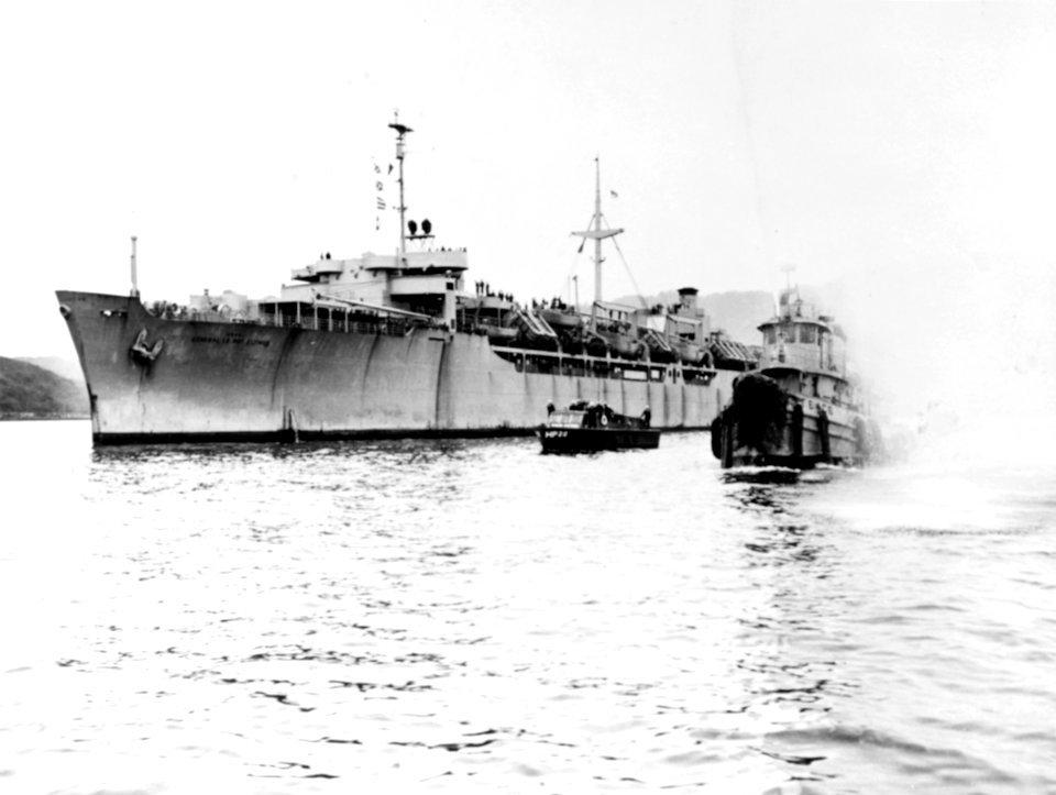 USNS General LeRoy Eltinge (T-AP-154) leaving Sasebo, Japan, on 30 April 1951 (80-G-428659)