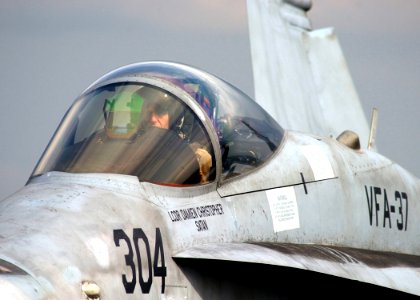 US Navy 050209-N-6363M-012 A Naval Aviator, assigned to the Bulls of Strike Fighter Squadron Three Seven (VFA-37), performs preflight checks on the flight deck aboard the Nimitz-class aircraft carrier USS Harry S. Truman (CVN 7