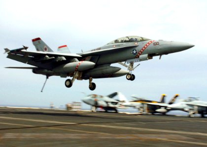 US Navy 050217-N-3488C-067 An F-A-18F Super Hornet, assigned to the Diamondbacks of Strike Fighter Squadron One Zero Two (VFA-102), equipped with a Shared Reconnaissance Pod (SHARP), prepares to land