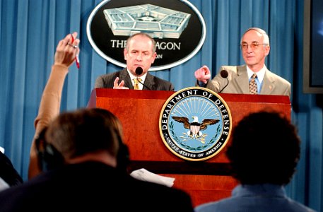 US Navy 050210-N-2568S-002 Secretary of the Navy Gordon England, right, and Acting Director of the Office of Personnel Management Dan Blair, hold a press conference announcing the submission of proposed regulations for the Nati