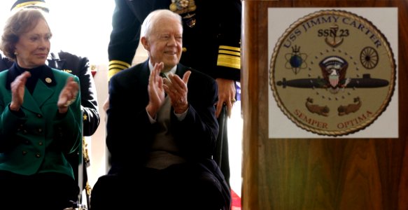 US Navy 050219-N-7441H-007 Former President Jimmy Carter and his wife Rosalynn reacts after a speech during the commissioning ceremony for attack submarine USS Jimmy Carter (SSN 23) in Groton, Conn