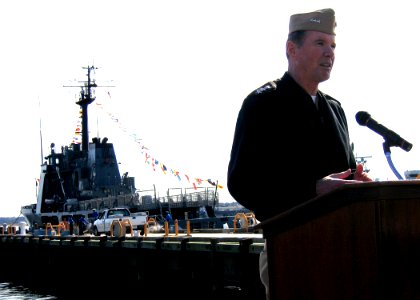 US Navy 050219-N-5881R-002 Commander, U.S. Second Fleet-NATO Striking Fleet Atlantic, Vice Adm. Mark Fitzgerald, delivers remarks at a departure ceremony for P-621, the 210-foot former U.S. Coast Guard Cutter Courageous
