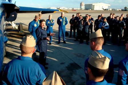 US Navy 050203-N-0962S-204 After receiving a flight in a Blue Angel F-A-18D Hornet, Master Chief Petty Officer of the Navy (MCPON) Terry Scott speaks to the pilots and maintenance team at the Blue Angels' winter training facili