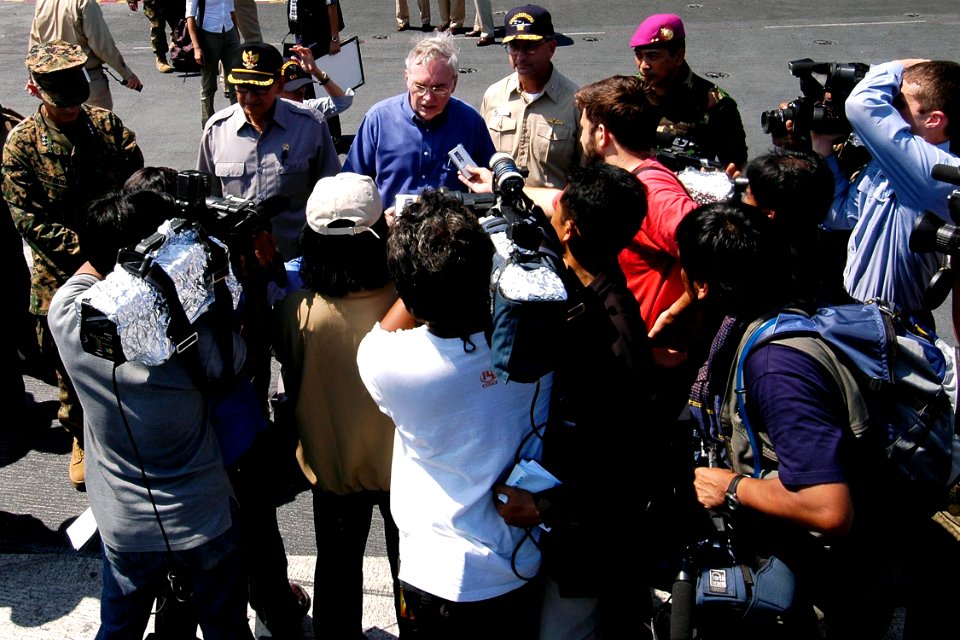 US Navy 050203-N-4166B-124 U.S. Ambassador to Indonesia, the Honorable Lynn Pascoe, answers questions from the media after giving a speech to the crew of USS Abraham Lincoln (CVN 72) and embarked Carrier Air Wing Two (CVW-2)