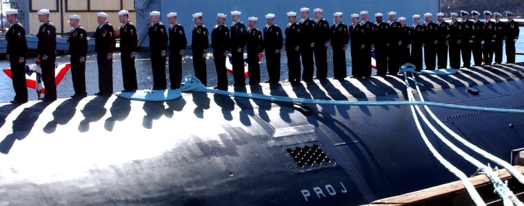 US Navy 050219-N-7441H-012 The crew of Seawolf-class nuclear-powered attack submarine USS Jimmy Carter (SSN 23) prepare to man the ship