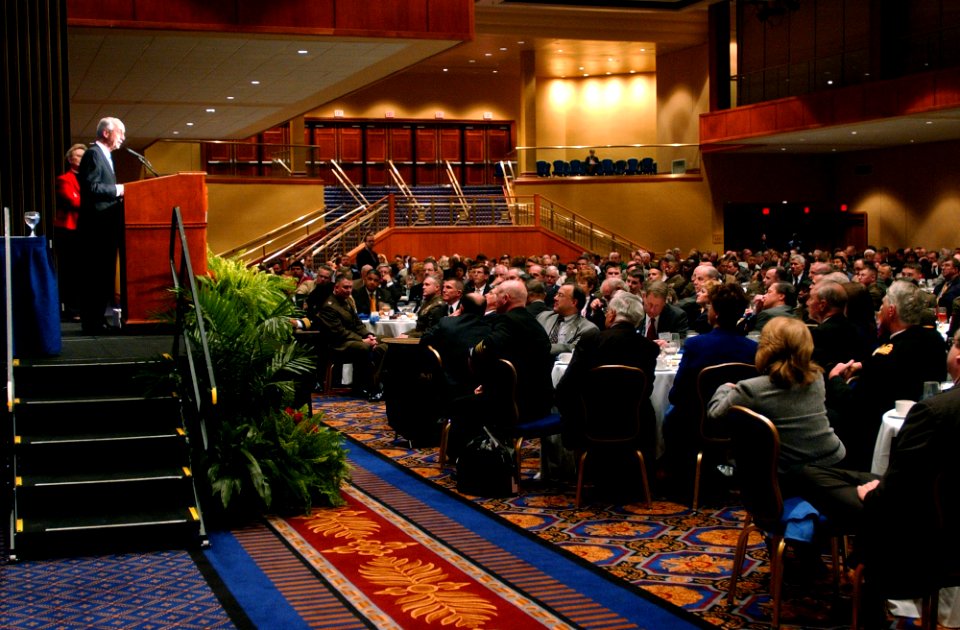 US Navy 050322-N-2568S-093 Secretary of the Navy, Gordon England addresses the attendees at the Navy League's Secretary of the Navy luncheon at the 2005 Sea Air Space exposition held in Washington, D.C