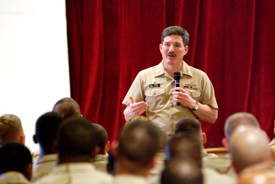 US Navy 050310-N-0962S-106 Master Chief Petty Officer of the Navy (MCPON) Terry Scott speaks to Sailors during an All Hands call in Guantanamo Bay, Cuba
