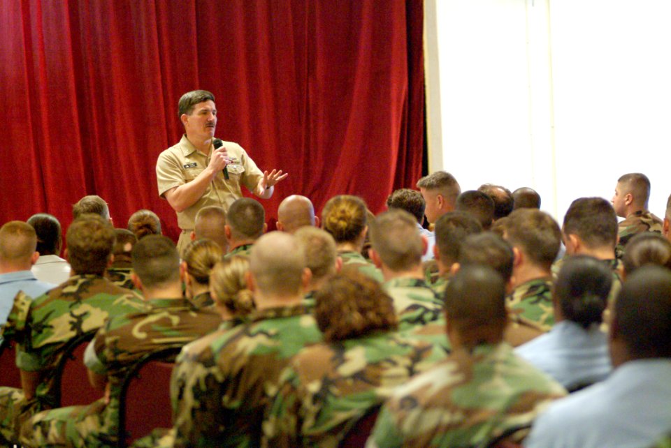 US Navy 050310-N-0962S-111 Master Chief Petty Officer of the Navy (MCPON) Terry Scott speaks to Sailors during an All Hands call in Guantanamo Bay, Cuba