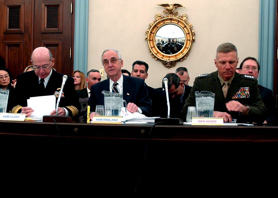 US Navy 050310-N-2568S-001 Chief of Naval Operations Adm. Vern Clark, Secretary of the Navy Gordon England, and Commandant of the Marine Corps Gen. Michael Hagee testify to members of the House Appropriations Committee (Defense