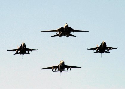 US Navy 050330-N-6363M-001 Tactical aircraft assigned to Carrier Air Wing Three (CVW-3), fly in formation with their tail hooks down, over the flight deck of the Nimitz-class aircraft carrier USS Harry S. Truman (CVN 75)
