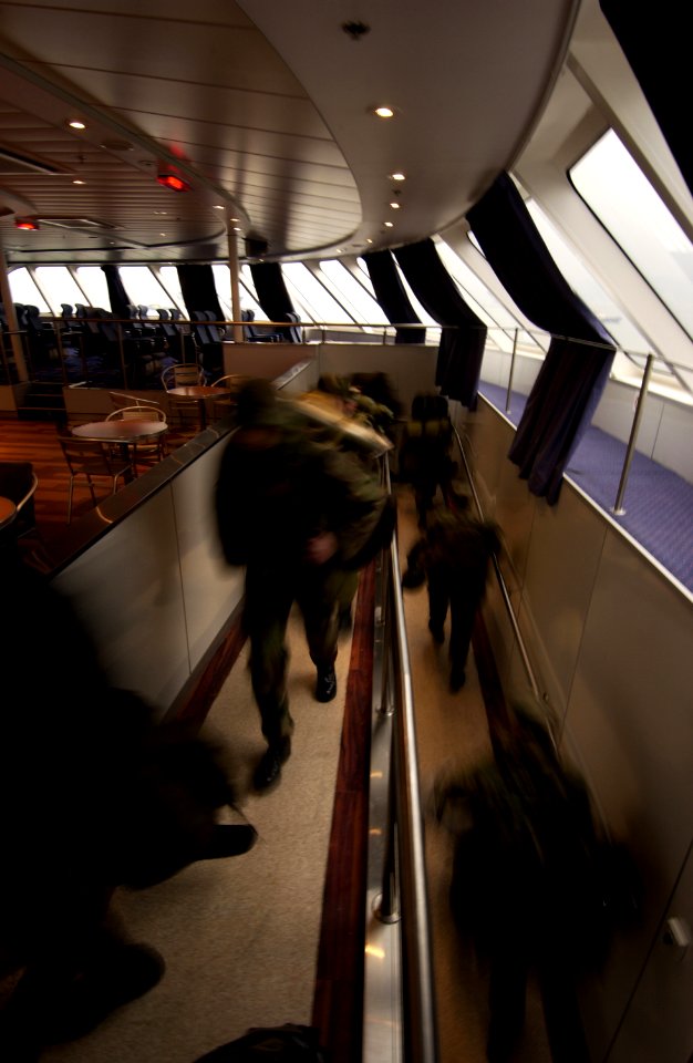 US Navy 050315-F-9629D-189 U.S. Army Soldiers assigned to C Troop, 1st Squadron, 1st U.S. Calvary Regiment, board the U.S. Army's Theater Support Vessel TSV-1X Spearhead at Gwangyang Port Terminal