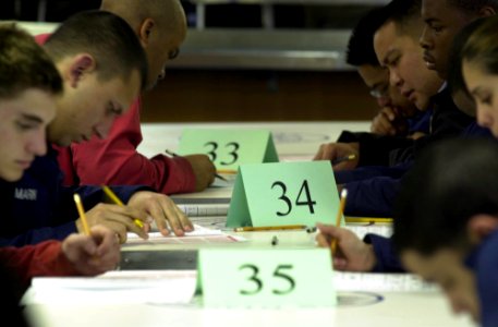 US Navy 050317-N-0361G-013 E-3 Sailors aboard the nuclear powered aircraft carrier USS Nimitz (CVN 68), take the semi-annual Navy-Wide Advancement Exam on the mess decks