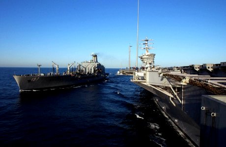 US Navy 050331-N-8158F-057 The Military Sealift Command (MSC) underway replenishment oiler USNS Pecos (T-AO 197) pulls along side USS Nimitz (CVN 68) for a replenishment at sea