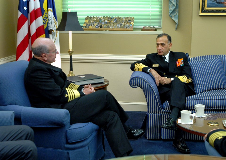 US Navy 050322-N-2383B-150 Adm. Vern Clark, Chief of Naval Operations (CNO) conducts an office call with visiting Adm. Arun Prakash, Chairman, Chief's of Staff Committee