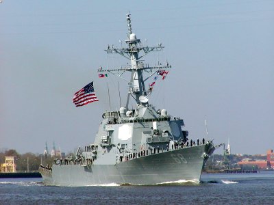 US Navy 050315-N-0000X-001 The guided missile destroyer USS Sullivans (DDG 68) departs Savannah, Ga., after participating in St. Patrick's Day ceremonies