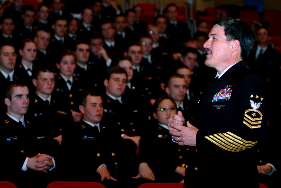 US Navy 050411-N-0962S-038 Master Chief Petty Officer of the Navy (MCPON) Terry Scott speaks to a group of more than 200 Boston-area Naval Reserve Officers Training Corps (ROTC) students at the Massachusetts Institute of Techno
