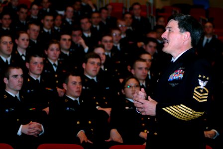 US Navy 050411-N-0962S-038 Master Chief Petty Officer of the Navy (MCPON) Terry Scott speaks to a group of more than 200 Boston-area Naval Reserve Officers Training Corps (ROTC) students at the Massachusetts Institute of Techno