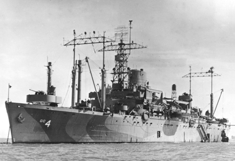 USS Ancon (AGC-4) at anchor, circa in 1945 (NH 99150)