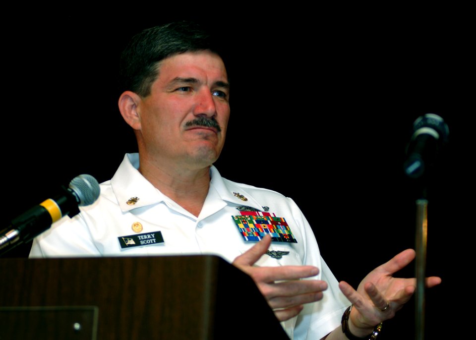 US Navy 050331-N-0962S-009 Master Chief Petty Officer of the Navy (MCPON) Terry Scott addresses a group of 200 Sailors at the Commander, U.S. Naval Forces Marianas Sailor of the Quarter Awards Breakfast