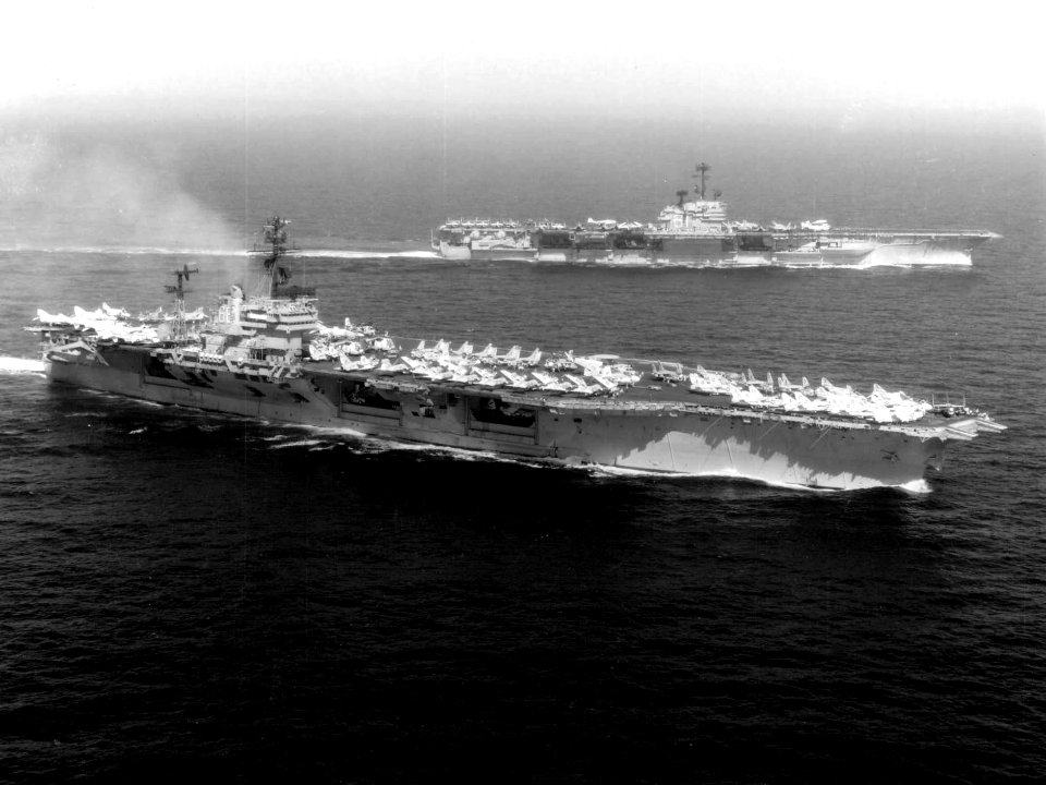 USS America (CVA-66) and Ranger (CVA-61) off Vietnam in 1973