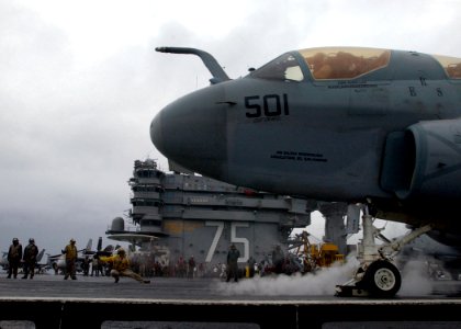 US Navy 050402-N-6363M-005 An EA-6B Prowler launches from a steam-powered catapult aboard the Nimitz-class aircraft carrier USS Harry S. Truman (CVN 75)