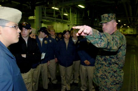 US Navy 050405-N-9866B-001 Chief Warrant Officer Todd Stevelton briefs a group of Naval Junior Reserve Officers Training Corps from Rialto High School of Rialto, Calif.,