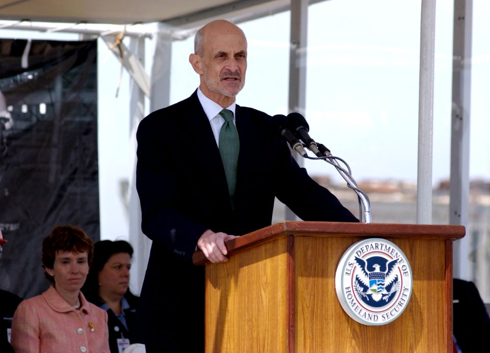 US Navy 050329-C-3550N-049 Secretary of Homeland Security Michael Chertoff speaks at a keel-laying ceremony for the U.S. Coast Guard's first National Security Cutter (WMSL 750)