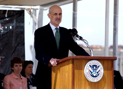 US Navy 050329-C-3550N-049 Secretary of Homeland Security Michael Chertoff speaks at a keel-laying ceremony for the U.S. Coast Guard's first National Security Cutter (WMSL 750)