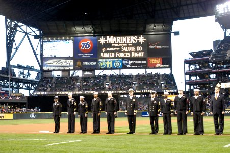 US Navy 050405-N-6477M-293 Sailors assigned to various commands throughout the Northwest Region are honored at the Boeing Salute to Armed Forces Night at SAFCO Field, Seattle Wash