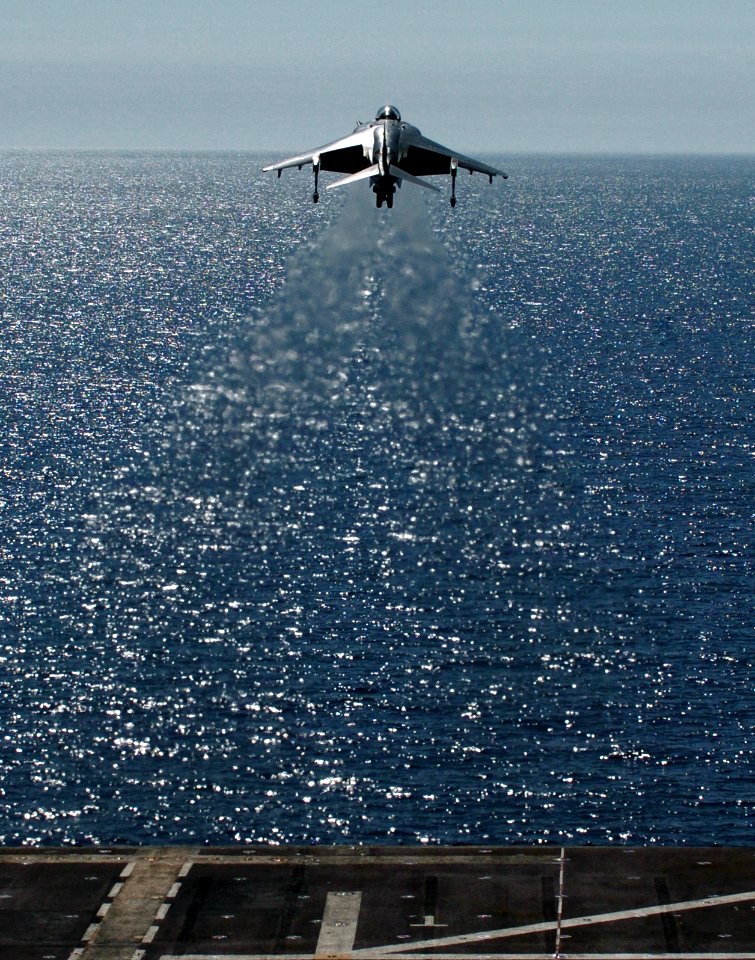 US Navy 050406-N-9866B-003 A Marine Corps AV-8B Harrier II, assigned to the Nightmare of Marine Attack Squadron Five One Three (VMA-513), launches from flight deck of the amphibious assault ship USS Peleliu (LHA 5)