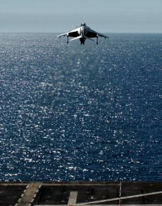 US Navy 050406-N-9866B-003 A Marine Corps AV-8B Harrier II, assigned to the Nightmare of Marine Attack Squadron Five One Three (VMA-513), launches from flight deck of the amphibious assault ship USS Peleliu (LHA 5)