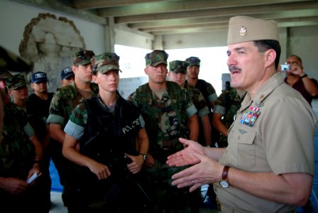 US Navy 050330-N-0962S-027 Master Chief Petty Officer of the Navy (MCPON) Terry Scott speaks to a group of Master-at-Arms during his visit to Guam