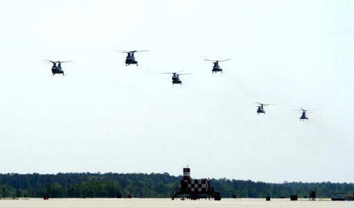 US Navy 050507-N-0295M-006 Six Marine Corps CH-46E Sea Knight helicopters fly-in to drop off Marines at the start of the Marine Air Ground Task Force (MAGTF) demonstration at the 2005 Marine Corps Air Station Cherry Point air s