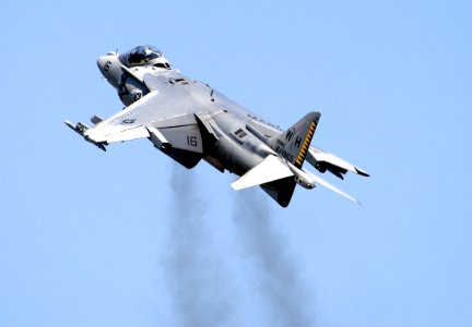 US Navy 050507-N-0295M-034 An AV-8B Harrier II, assigned to the Tigers of Marine Attack Squadron Five Four Two (VMA-542), takes off near vertically during its flight demonstration at the 2005 Marine Corps Air Station Cherry Po