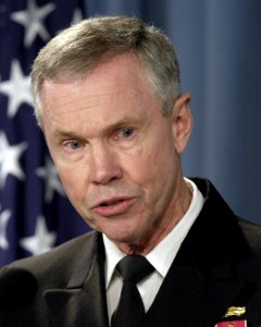 US Navy 050318-D-2987S-094 Vice Director, Strategic Plans and Policy (J5) for the Joint Chiefs of Staff, Rear Adm. William D. Sullivan, responds to a reporter's question