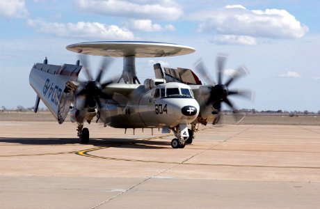 US Navy 050319-F-7660E-047 An E-2C- Hawkeye, assigned to Carrier Airborne Early Warning Squadron One Two Three (VAW-123), taxis on the flight line after landing at Cannon Air Force Base, N.M