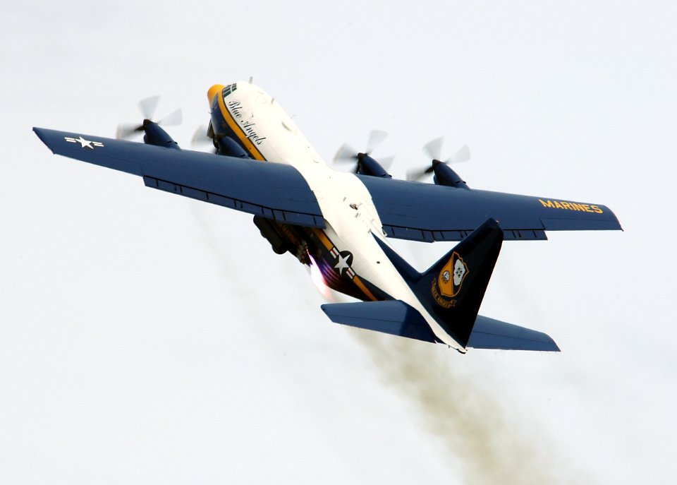 US Navy 050416-N-0295M-133 A U.S. Marine Corps C-130 Hercules Fat Albert, assigned to the U.S. Navy Blue Angels flight demonstration team, uses Jet Assisted Take Off (JATO) bottles during takeoff