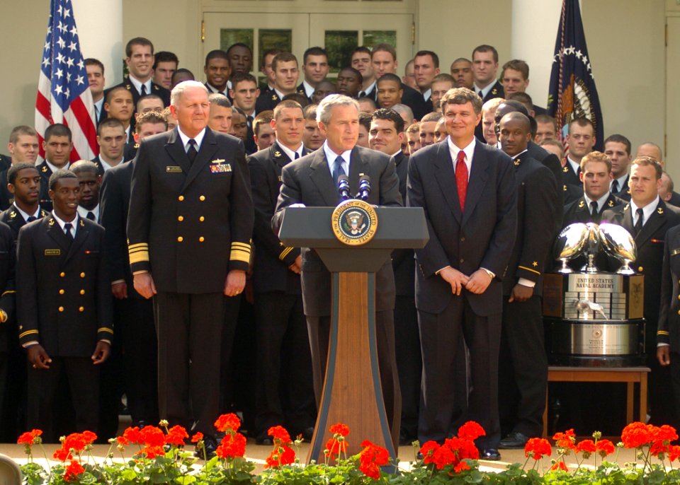 US Navy 050420-N-0000A-004 President George W. Bush delivers remarks during the presentation of the Commander-In-Chief's Trophy to members of the U.S. Naval Academy football team in a ceremony in Rose Garden of the White House