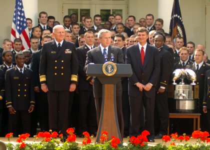 US Navy 050420-N-0000A-004 President George W. Bush delivers remarks during the presentation of the Commander-In-Chief's Trophy to members of the U.S. Naval Academy football team in a ceremony in Rose Garden of the White House