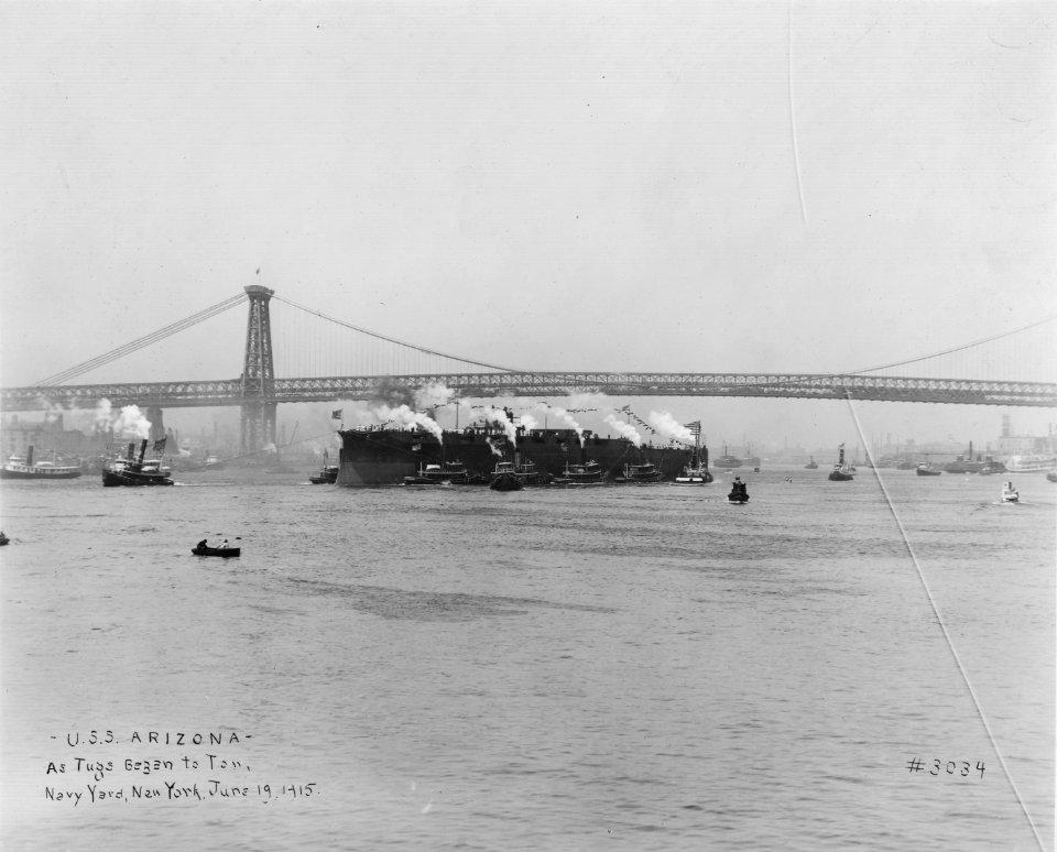 USS Arizona pushed by tugs after launch NARA 19-LC-19A-10