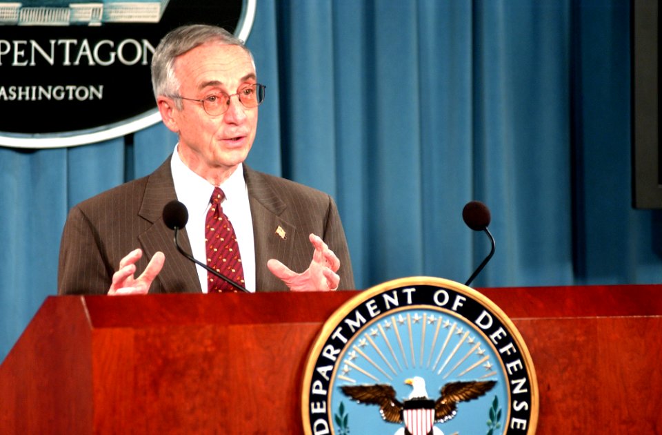 US Navy 050329-N-2568S-001 Secretary of the Navy Gordon England answers questions at a news conference after he announced the completion of the Combatant Status Review Tribunal (CSRT) process