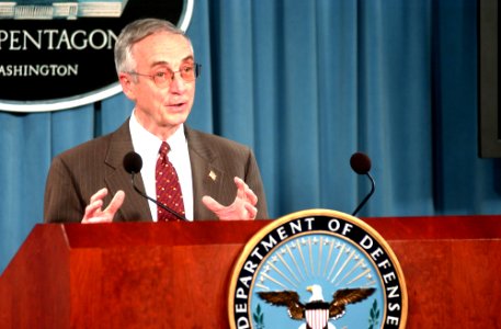US Navy 050329-N-2568S-001 Secretary of the Navy Gordon England answers questions at a news conference after he announced the completion of the Combatant Status Review Tribunal (CSRT) process