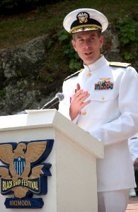 US Navy 050521-N-9851B-012 Commander Naval Forces Japan, Rear Adm. Frederic Ruehe, comments on the significance of Commodore Matthew Perry's journey to Japan