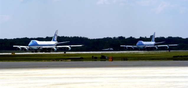 US Navy 050521-N-0295M-024 Air Force One and it's spare VC-25 aircraft, taxi to the runway prior to takeoff from Andrews Air Force Base, Md., during the 2005 Joint Service Open House