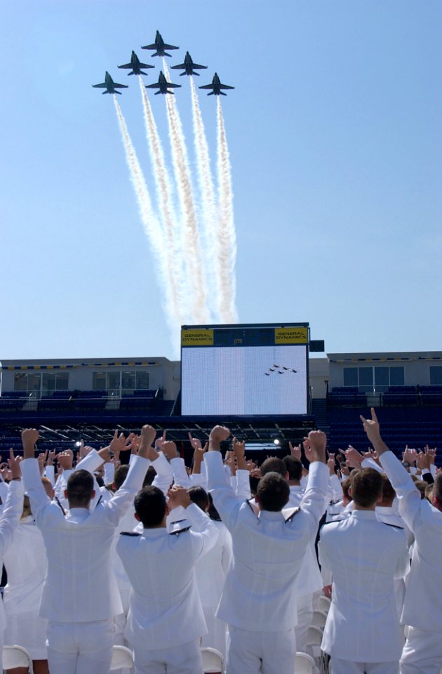 US Navy 050527-F-7379W-097 The U.S. Navy flight demonstration team, the Blue Angels, perform a fly-over during the opening ceremonies for the 2005 Graduation and Commissioning Ceremony at the U.S. Naval Academy