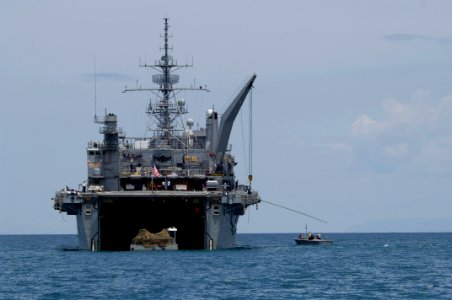 US Navy 050509-N-3642E-015 The amphibious transport dock ship USS Austin (LPD 4) operates off the coast of Haiti in supports of the retro grade of New Horizons' equipment and personnel after the successful completion of a