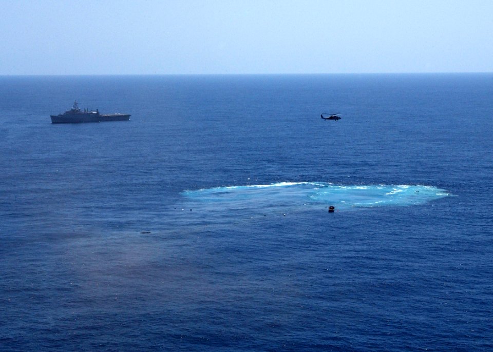US Navy 050514-N-4374S-096 The decommissioned aircraft carrier, USS America (CV 66) was laid to rest after being sunk at sea