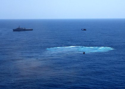 US Navy 050514-N-4374S-096 The decommissioned aircraft carrier, USS America (CV 66) was laid to rest after being sunk at sea